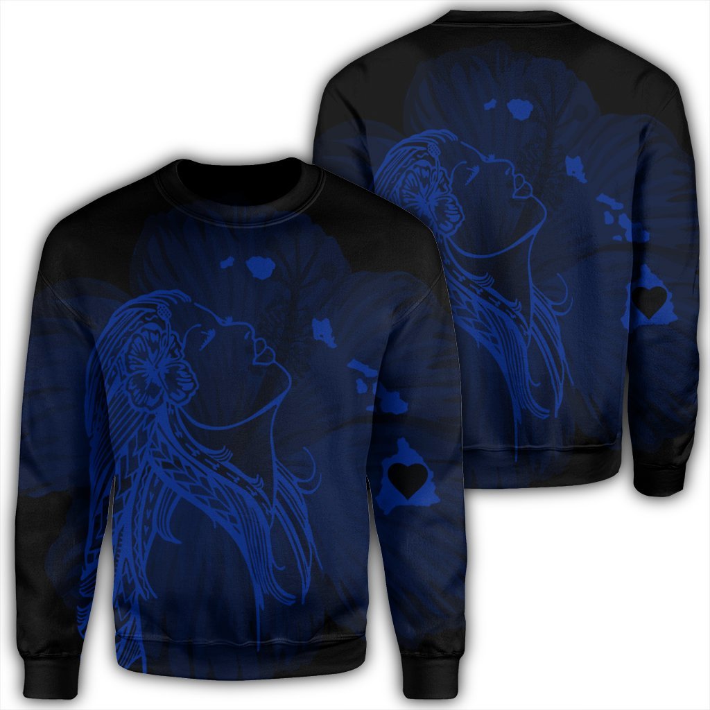 Hawaiian Map Heart Hula Girl Hibiscus Blue Polynesian Sweatshirt - AH Unisex Black - Polynesian Pride