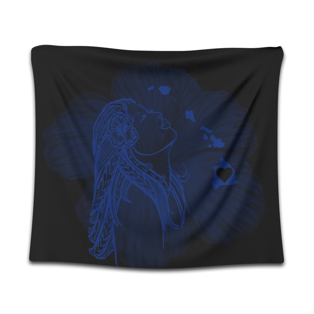 Hawaiian Map Heart Hula Girl Hibiscus Blue Polynesian Tapestry - AH Wall Tapestry Black - Polynesian Pride