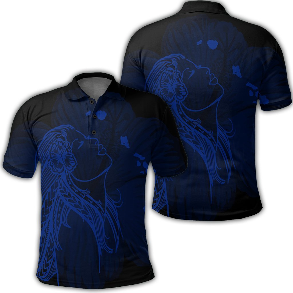 Hawaiian Map Heart Hula Girl Hibiscus Blue Polynesian Polo Shirt Unisex Black - Polynesian Pride