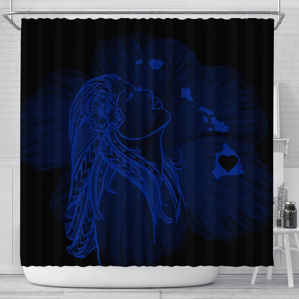 Hawaiian Map Heart Hula Girl Hibiscus Blue Polynesian Shower Curtain - AH 177 x 172 (cm) Black - Polynesian Pride