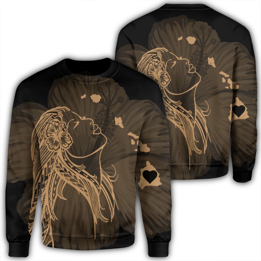 Hawaiian Map Heart Hula Girl Hibiscus Gold Polynesian Sweatshirt - AH Unisex Black - Polynesian Pride