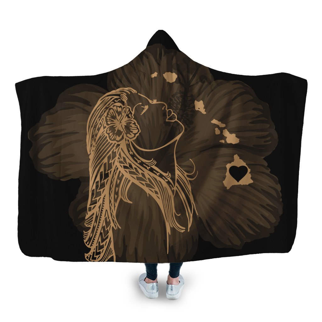 Hawaiian Map Heart Hula Girl Hibiscus Gold Polynesian Hooded Blanket - AH Hooded Blanket White - Polynesian Pride