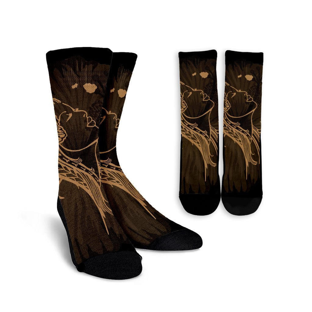Hawaiian Map Heart Hula Girl Hibiscus Gold Polynesian Crew Socks - AH Crew Socks White - Polynesian Pride