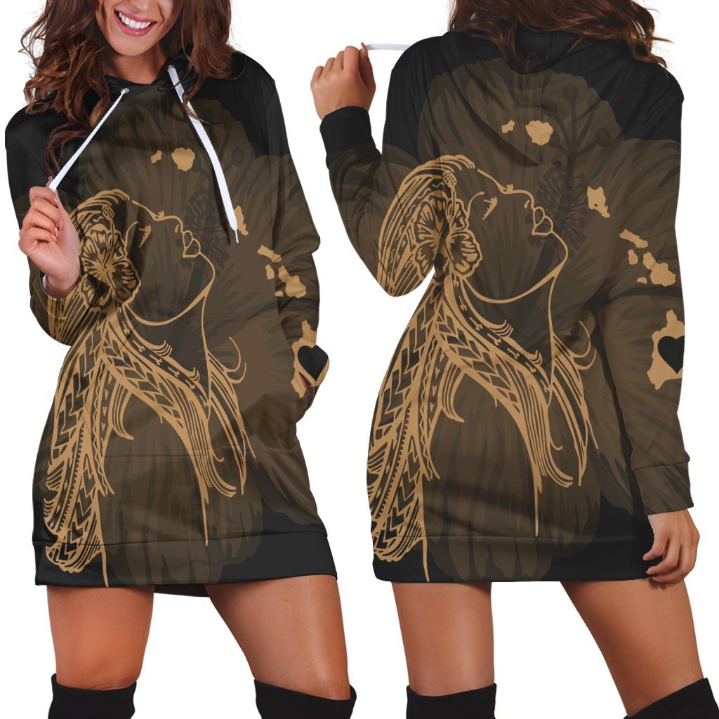 Hawaiian Map Heart Hula Girl Hibiscus Gold Polynesian Hoodie Dress - AH Black - Polynesian Pride