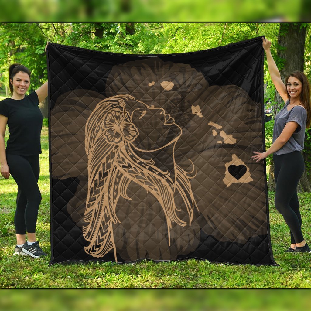 Hawaiian Map Heart Hula Girl Hibiscus Gold Polynesian Premium Quilts - AH Black - Polynesian Pride