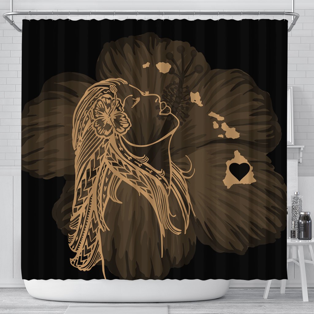 Hawaiian Map Heart Hula Girl Hibiscus Gold Polynesian Shower Curtain - AH 177 x 172 (cm) Black - Polynesian Pride