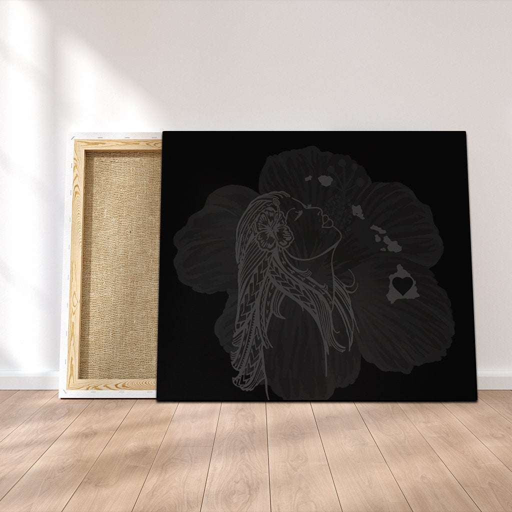 Hawaiian Map Heart Hula Girl Hibiscus Gray Polynesian Canvas - AH Canvas Poly-cotton - Polynesian Pride