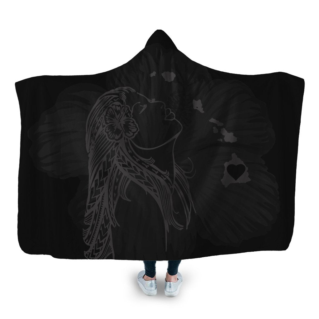 Hawaiian Map Heart Hula Girl Hibiscus Gray Polynesian Hooded Blanket - AH Hooded Blanket White - Polynesian Pride