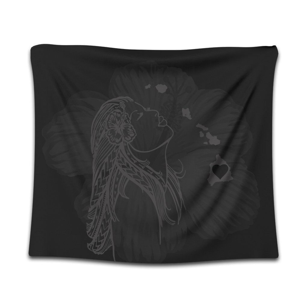 Hawaiian Map Heart Hula Girl Hibiscus Gray Polynesian Tapestry - AH Wall Tapestry Black - Polynesian Pride