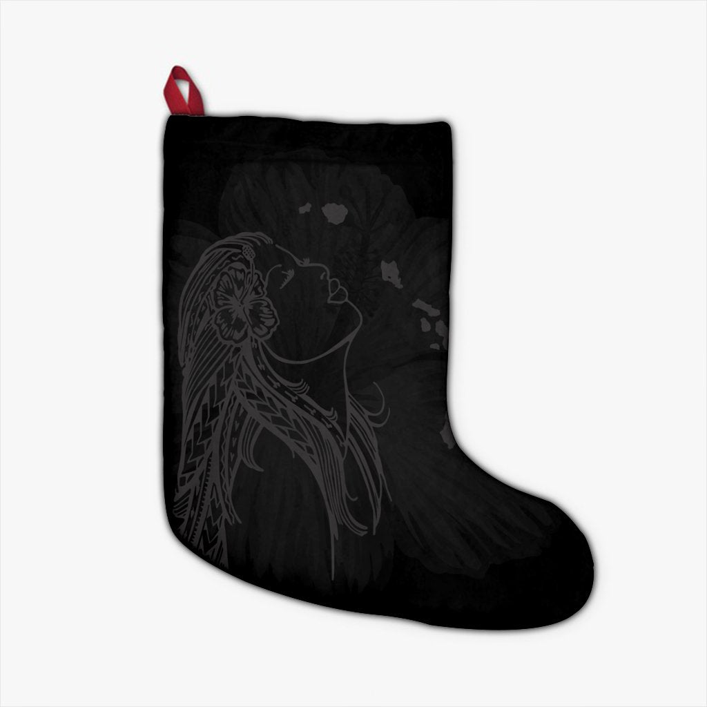 Hawaiian Map Heart Hula Girl Hibiscus Gray Polynesian Christmas Stocking - AH Christmas Stocking 26 X 42 cm Black - Polynesian Pride