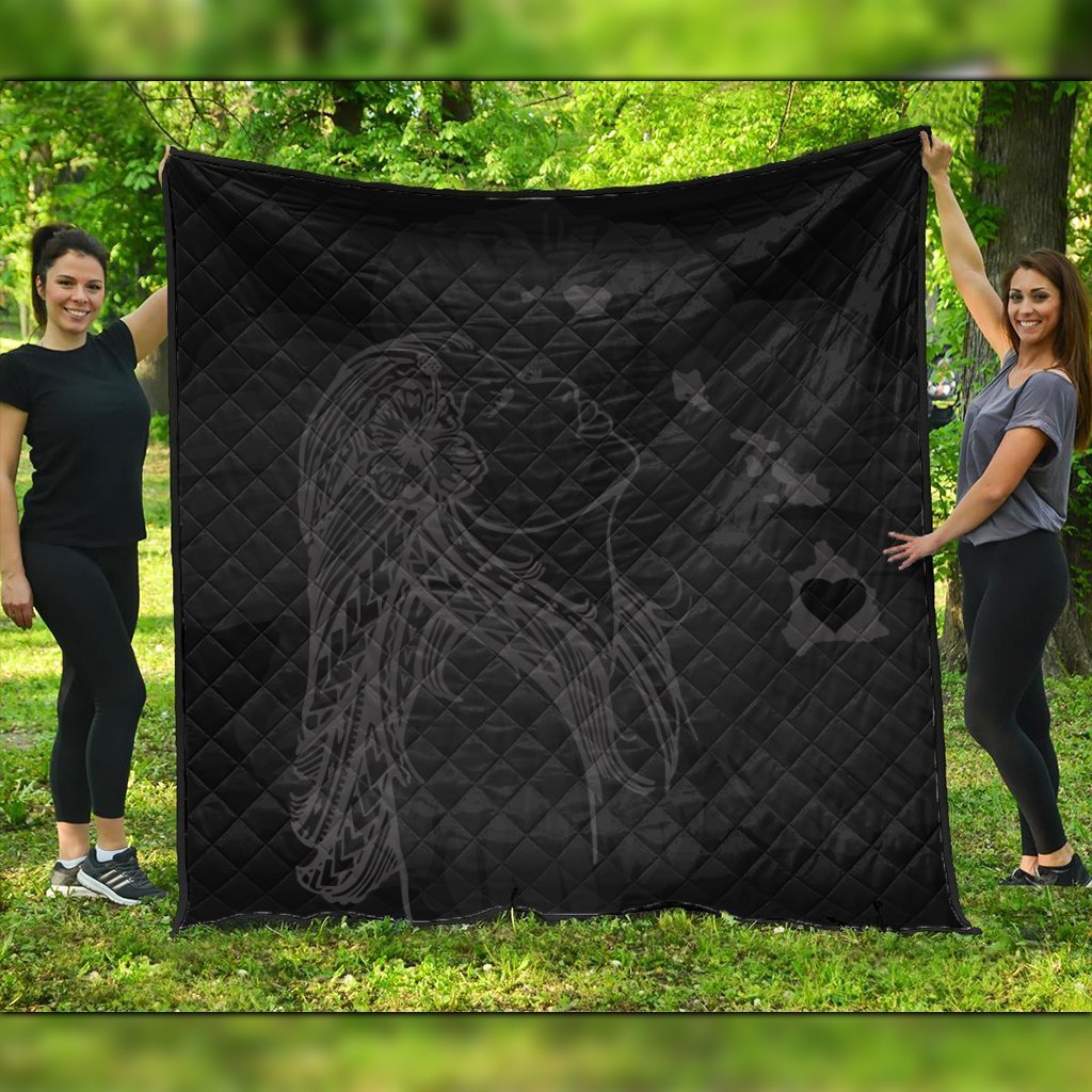 Hawaiian Map Heart Hula Girl Hibiscus Gray Polynesian Premium Quilts - AH Black - Polynesian Pride