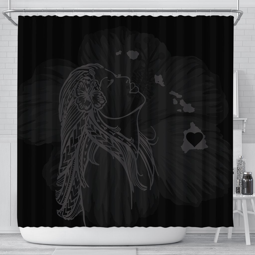 Hawaiian Map Heart Hula Girl Hibiscus Gray Polynesian Shower Curtain - AH 177 x 172 (cm) Black - Polynesian Pride