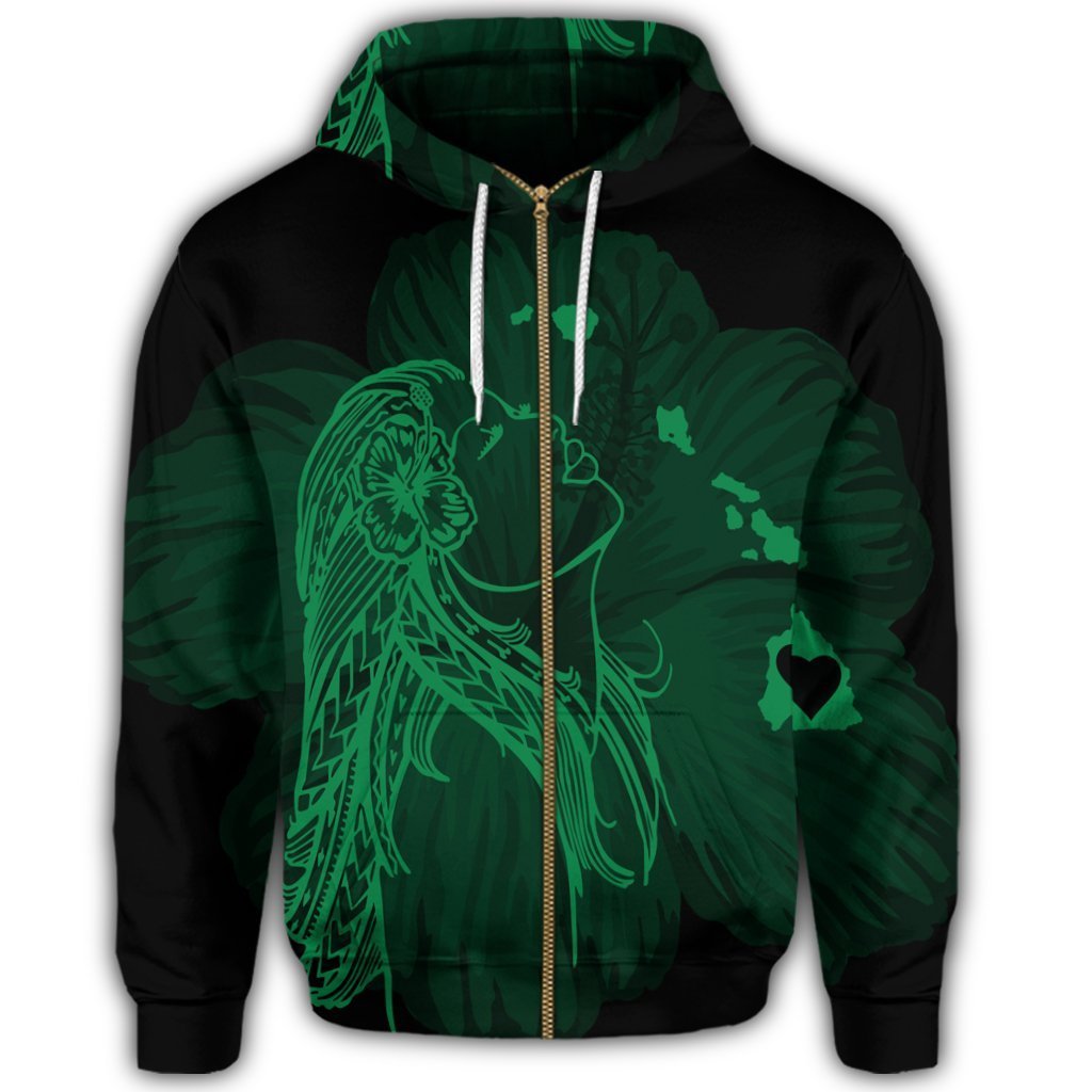 Hawaiian Map Heart Hula Girl Hibiscus Green Polynesian Zip Hoodie - Polynesian Pride