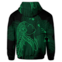 Hawaiian Map Heart Hula Girl Hibiscus Green Polynesian Zip Hoodie - Polynesian Pride