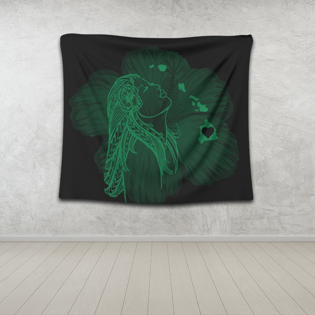 Hawaiian Map Heart Hula Girl Hibiscus Green Polynesian Tapestry - AH - Polynesian Pride