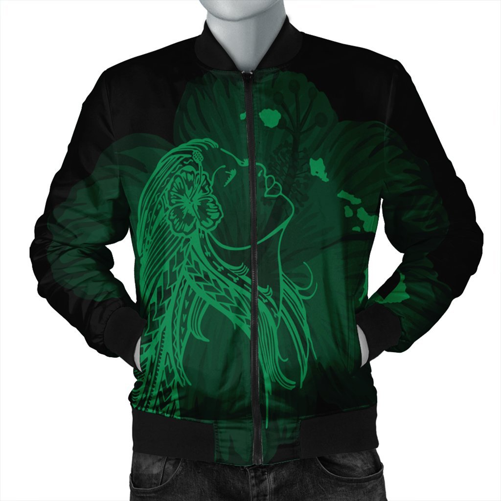 Hawaiian Map Heart Hula Girl Hibiscus Green Polynesian Bomber Jacket - AH Black Unisex - Polynesian Pride
