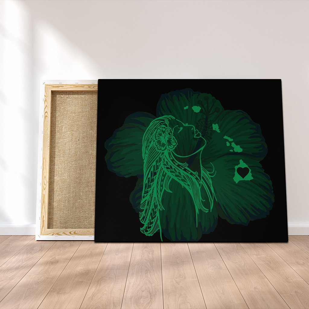 Hawaiian Map Heart Hula Girl Hibiscus Green Polynesian Canvas - AH Canvas Poly-cotton - Polynesian Pride