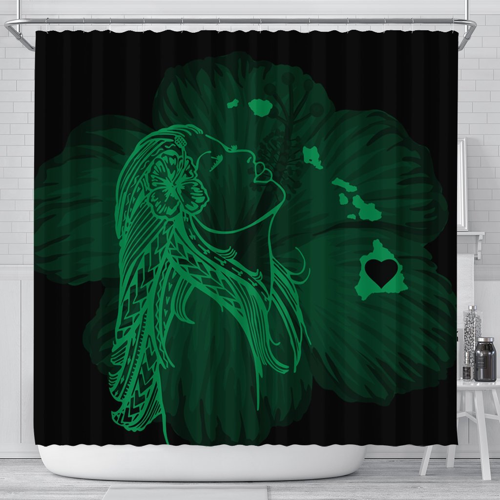 Hawaiian Map Heart Hula Girl Hibiscus Green Polynesian Shower Curtain - AH 177 x 172 (cm) Black - Polynesian Pride