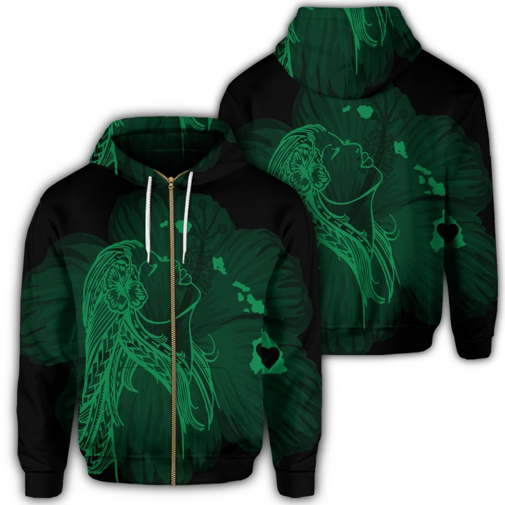 Hawaiian Map Heart Hula Girl Hibiscus Green Polynesian Zip Hoodie Unisex Art - Polynesian Pride