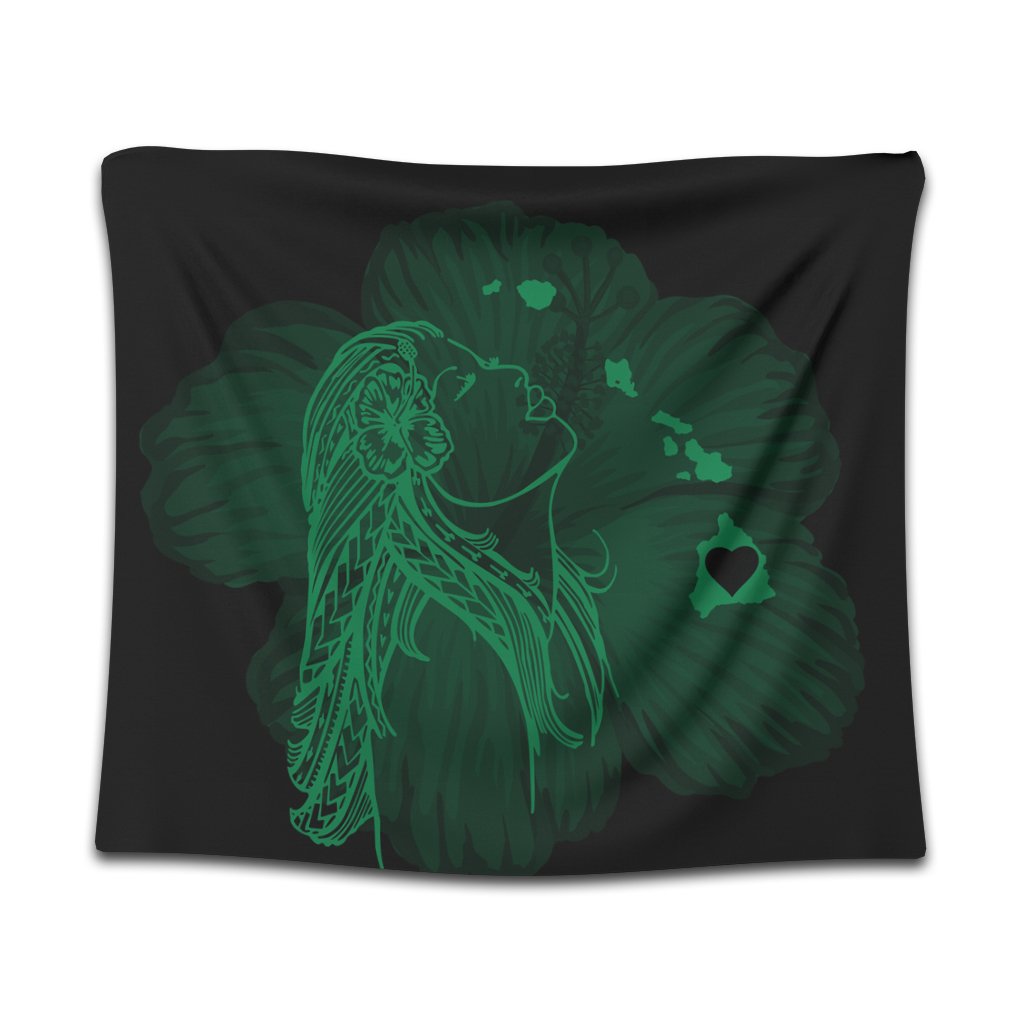 Hawaiian Map Heart Hula Girl Hibiscus Green Polynesian Tapestry - AH Wall Tapestry Black - Polynesian Pride