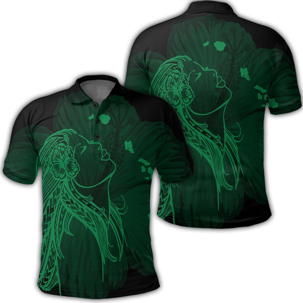 Hawaiian Map Heart Hula Girl Hibiscus Green Polynesian Polo Shirt Unisex Black - Polynesian Pride