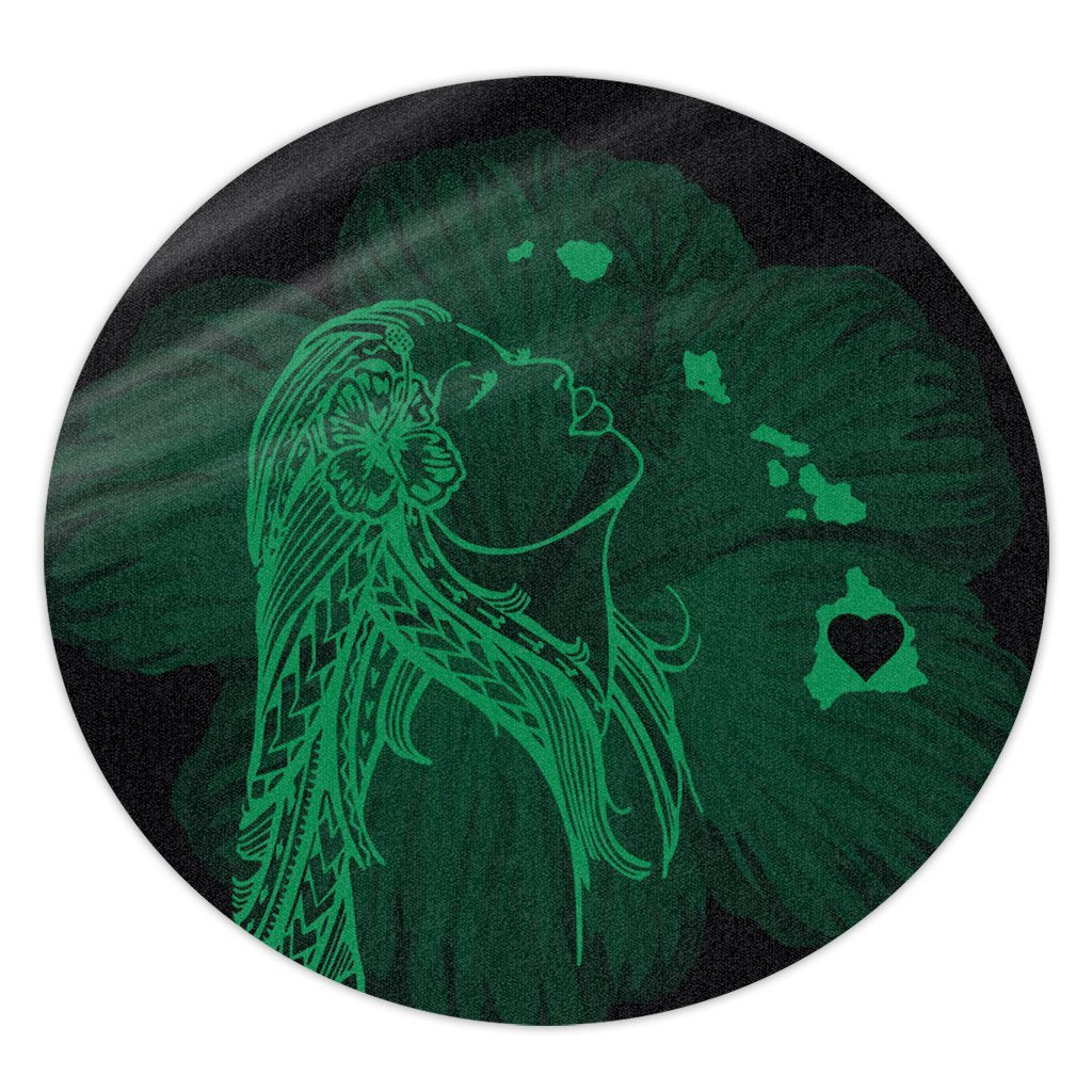 Hawaiian Map Heart Hula Girl Hibiscus Green Polynesian Round Carpet - AH Round Carpet Luxurious Plush - Polynesian Pride