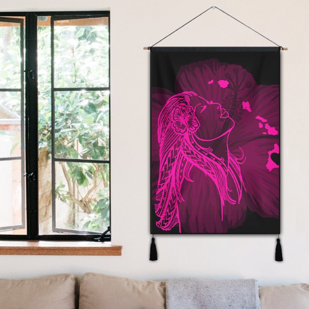 Hawaiian Map Heart Hula Girl Hibiscus Pink Polynesian Hanging Poster - AH - Polynesian Pride