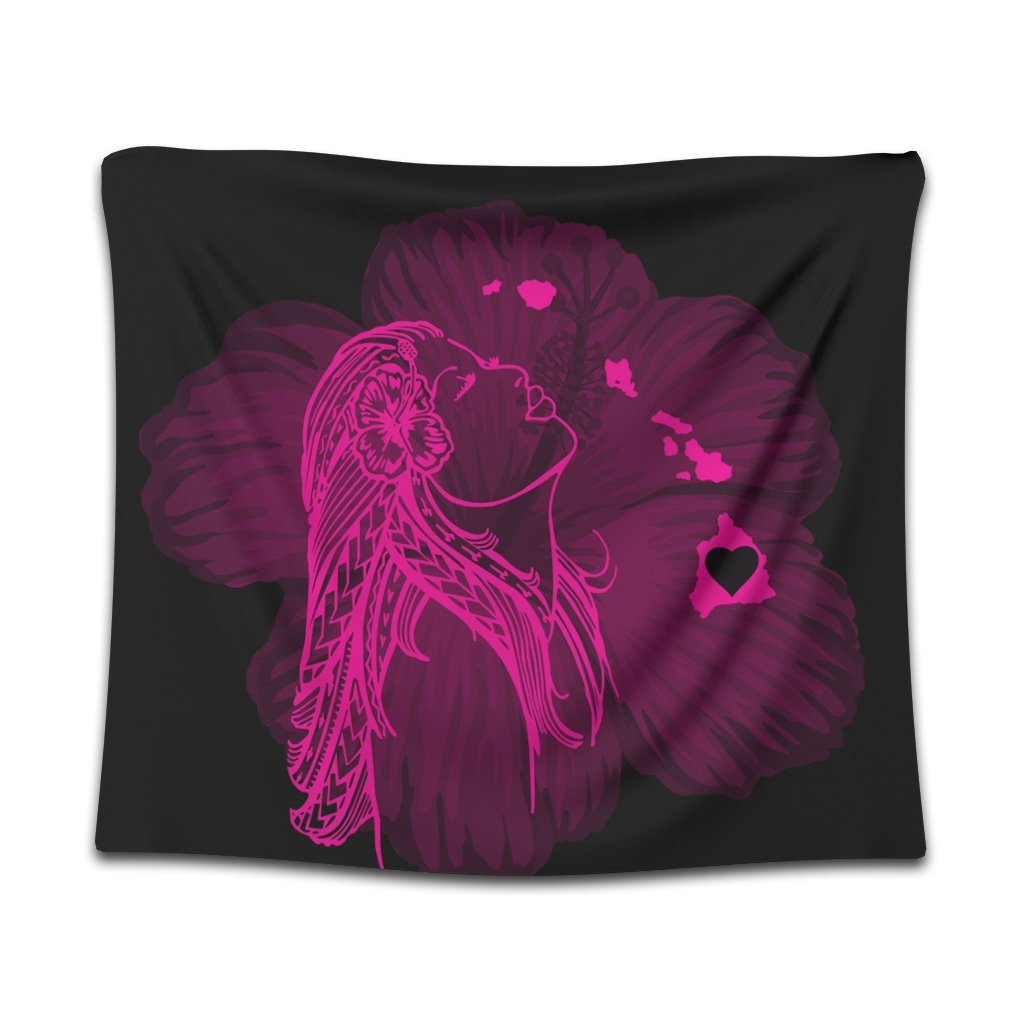 Hawaiian Map Heart Hula Girl Hibiscus Pink Polynesian Tapestry - AH Wall Tapestry Black - Polynesian Pride