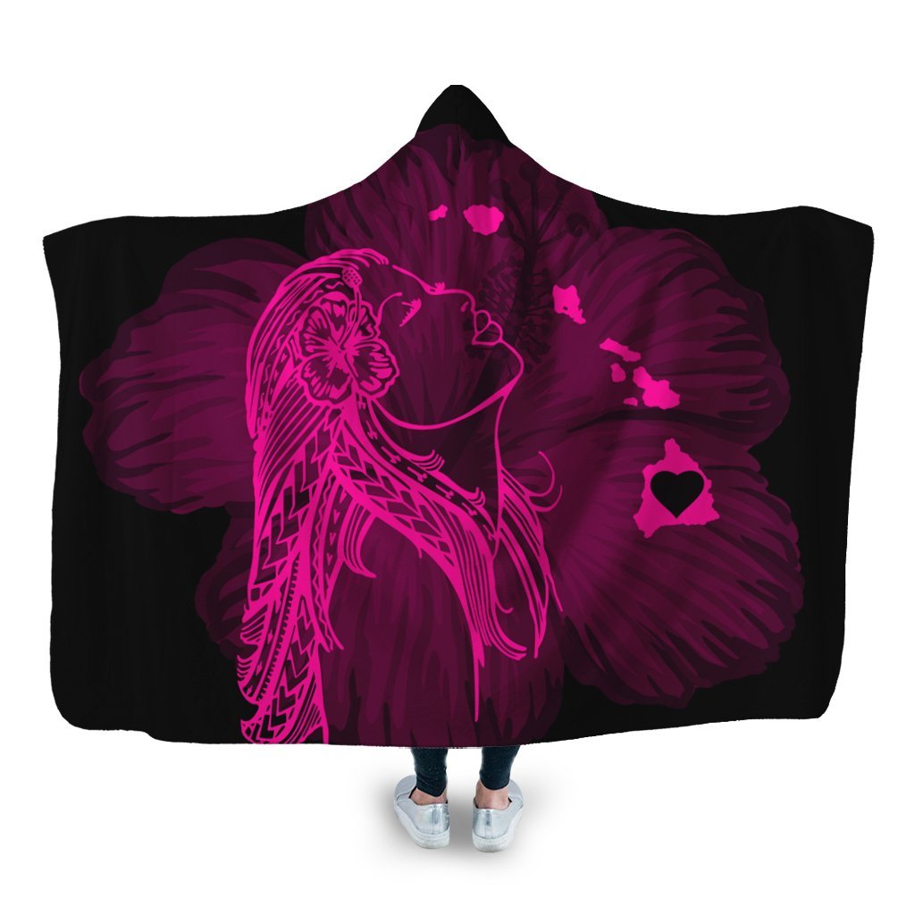 Hawaiian Map Heart Hula Girl Hibiscus Pink Polynesian Hooded Blanket - AH Hooded Blanket White - Polynesian Pride