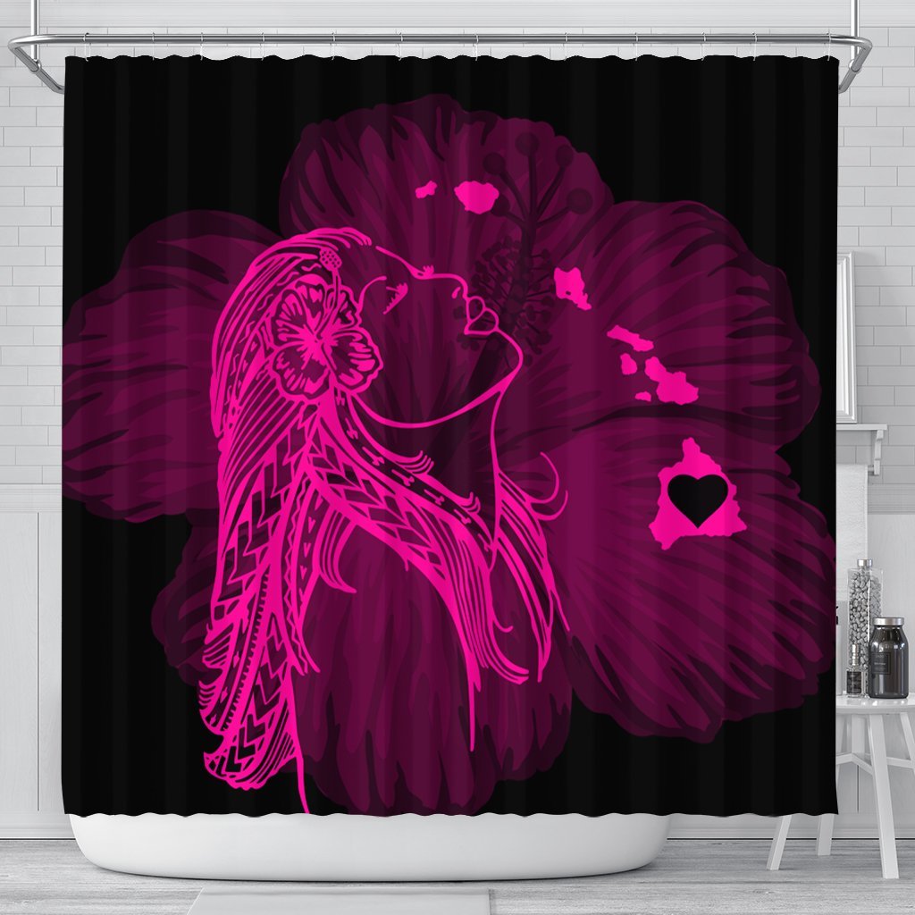 Hawaiian Map Heart Hula Girl Hibiscus Pink Polynesian Shower Curtain - AH 177 x 172 (cm) Black - Polynesian Pride