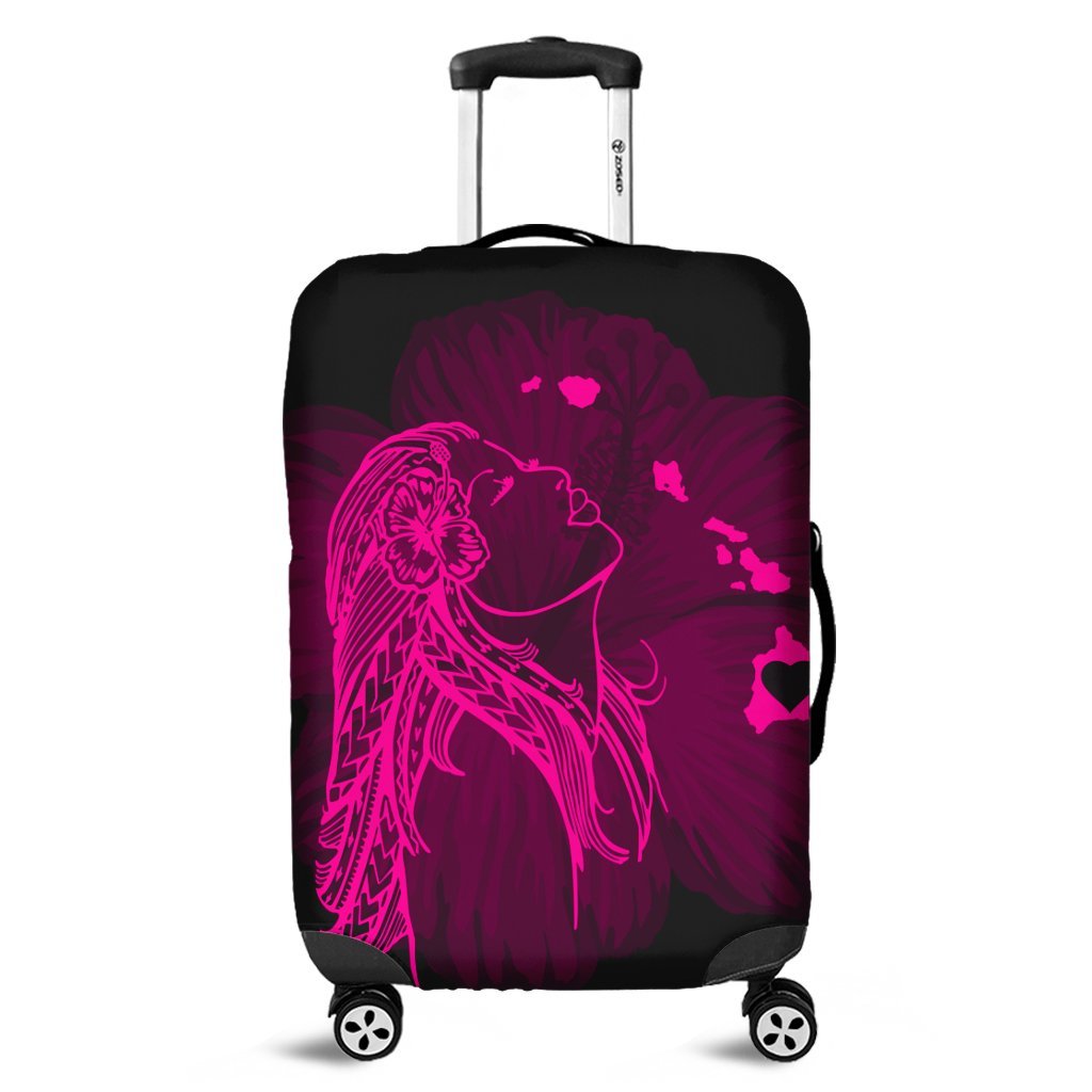 Hawaiian Map Heart Hula Girl Hibiscus Pink Polynesian Luggage Covers - AH Black - Polynesian Pride