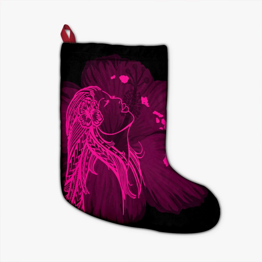 Hawaiian Map Heart Hula Girl Hibiscus Pink Polynesian Christmas Stocking - AH Christmas Stocking 26 X 42 cm Black - Polynesian Pride