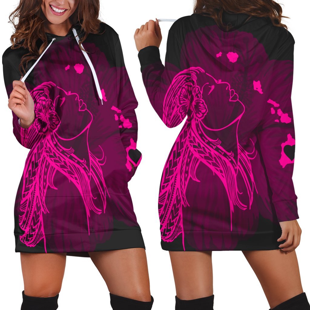 Hawaiian Map Heart Hula Girl Hibiscus Pink Polynesian Hoodie Dress - AH Black - Polynesian Pride