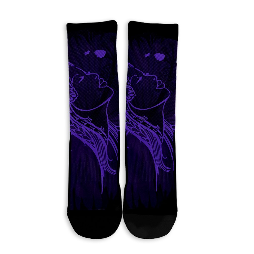 Hawaiian Map Heart Hula Girl Hibiscus Purple Polynesian Crew Socks - AH - Polynesian Pride