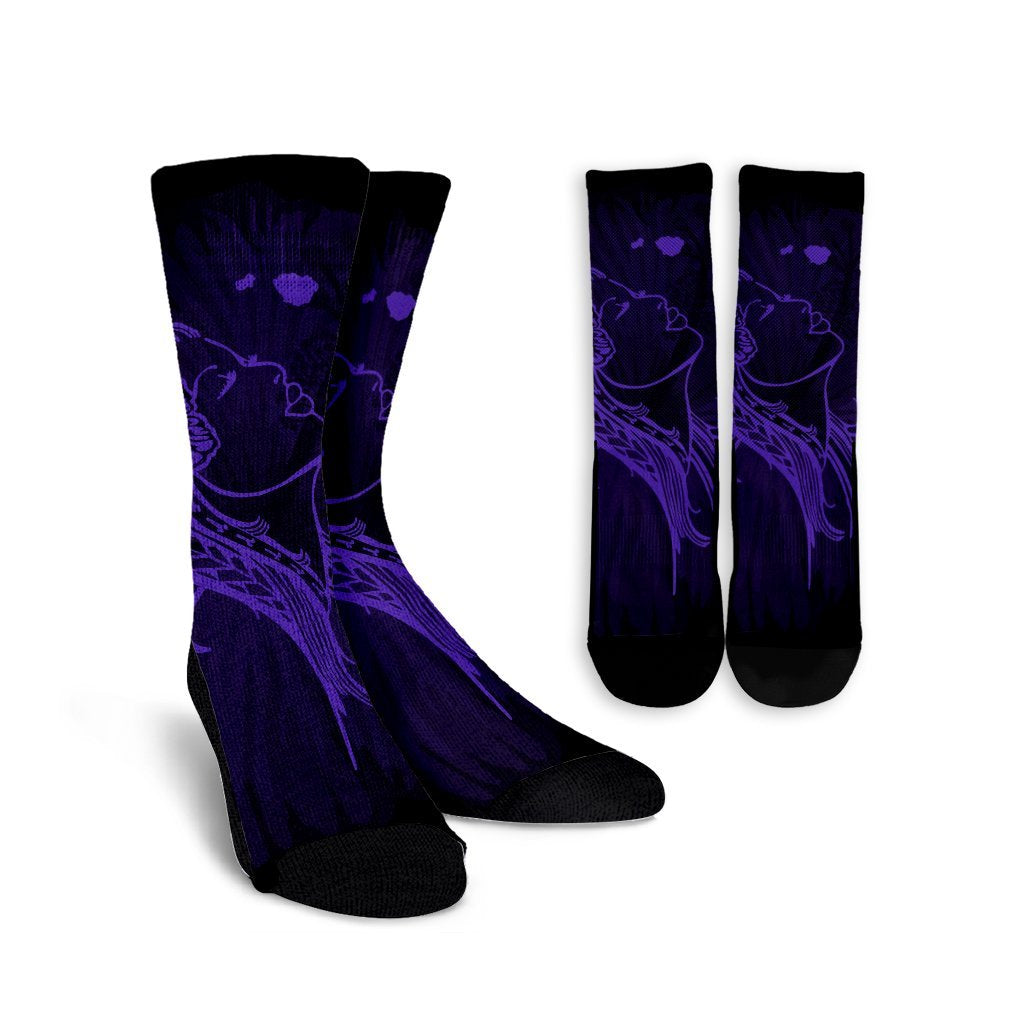 Hawaiian Map Heart Hula Girl Hibiscus Purple Polynesian Crew Socks - AH Crew Socks White - Polynesian Pride