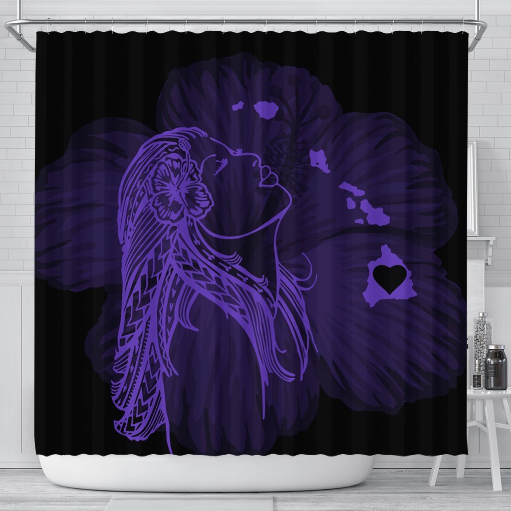 Hawaiian Map Heart Hula Girl Hibiscus Purple Polynesian Shower Curtain - AH 177 x 172 (cm) Black - Polynesian Pride