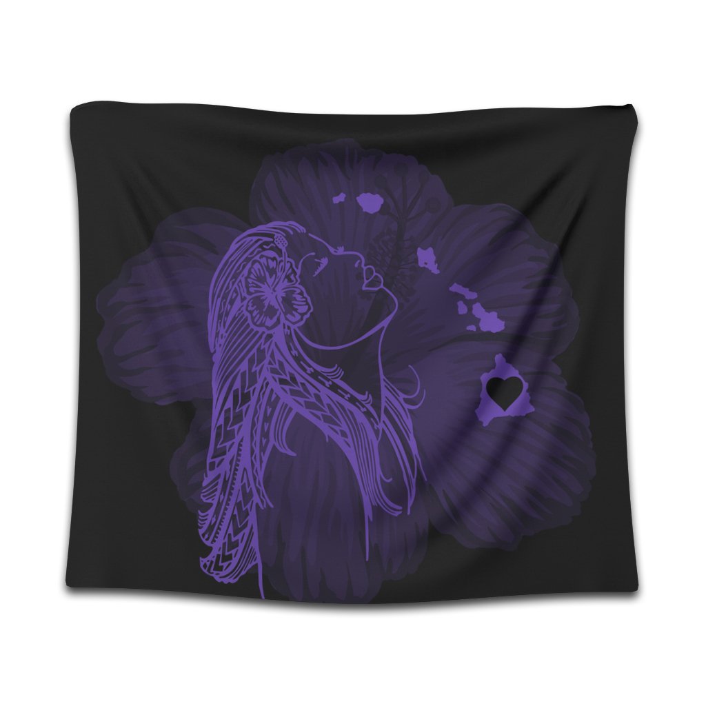 Hawaiian Map Heart Hula Girl Hibiscus Purple Polynesian Tapestry - AH Wall Tapestry Black - Polynesian Pride