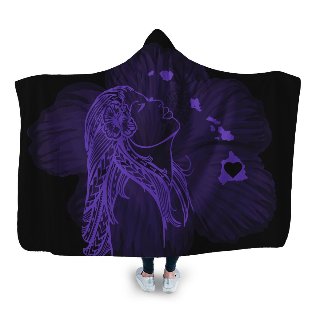 Hawaiian Map Heart Hula Girl Hibiscus Purple Polynesian Hooded Blanket - AH Hooded Blanket White - Polynesian Pride