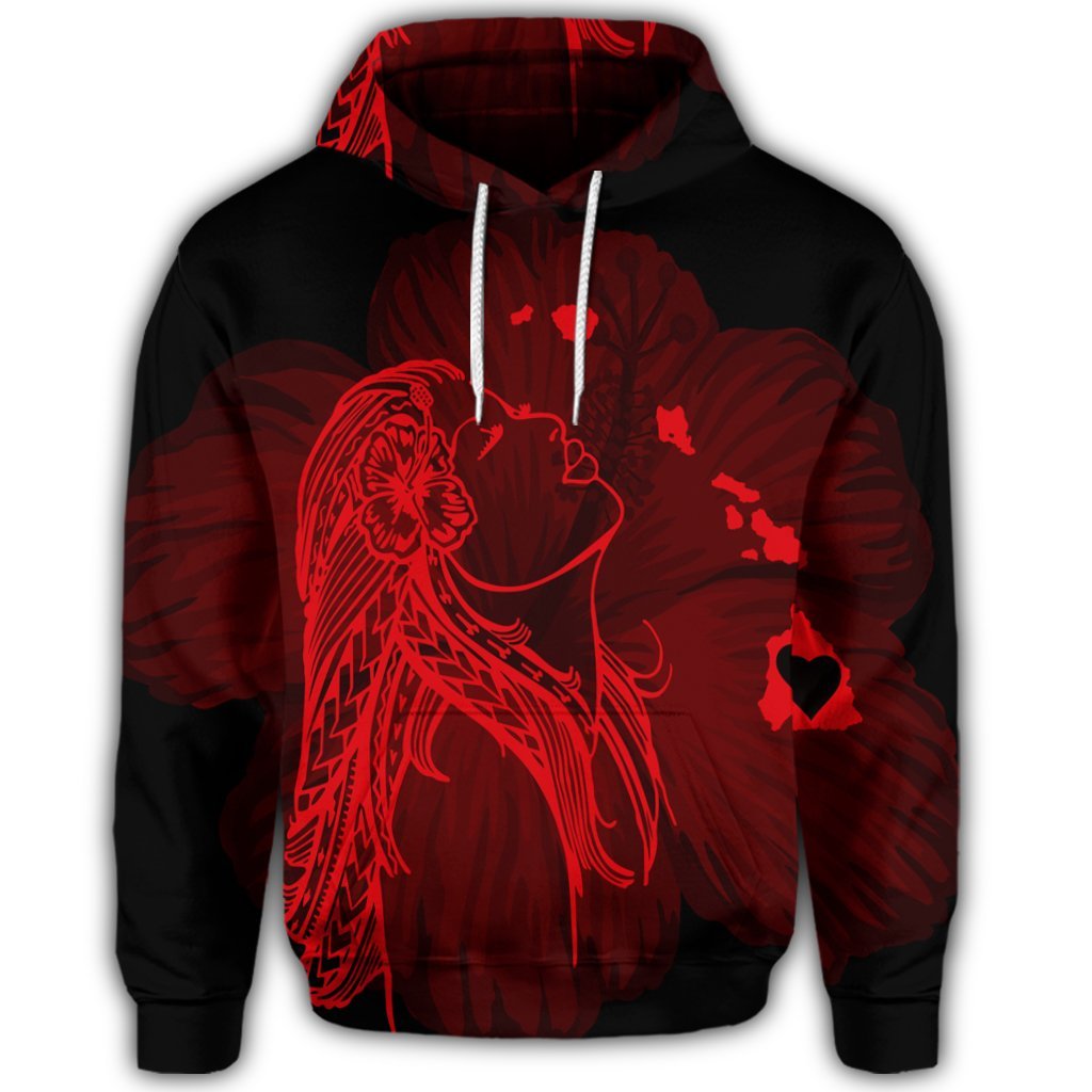 Hawaiian Map Heart Hula Girl Hibiscus Red Polynesian Hoodie - Polynesian Pride