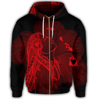 Hawaiian Map Heart Hula Girl Hibiscus Red Polynesian Zip Hoodie - Polynesian Pride