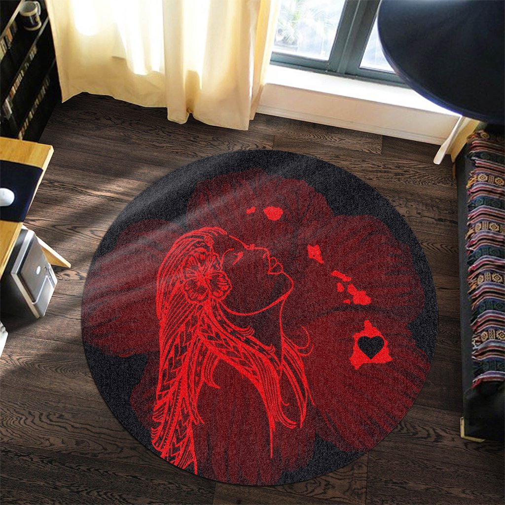 Hawaiian Map Heart Hula Girl Hibiscus Red Polynesian Round Carpet - AH - Polynesian Pride