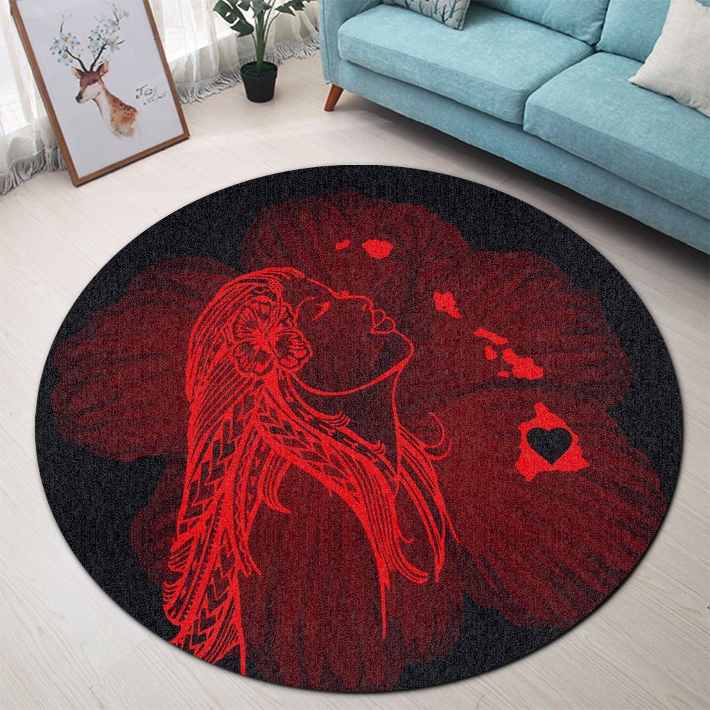 Hawaiian Map Heart Hula Girl Hibiscus Red Polynesian Round Carpet - AH - Polynesian Pride