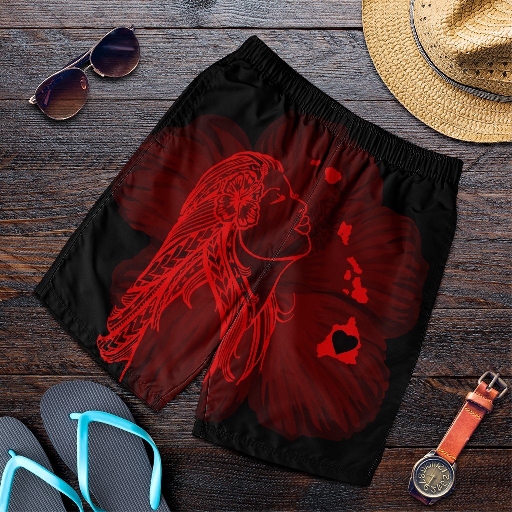 Hawaiian Map Heart Hula Girl Hibiscus Red Polynesian Men's Shorts - AH Art - Polynesian Pride