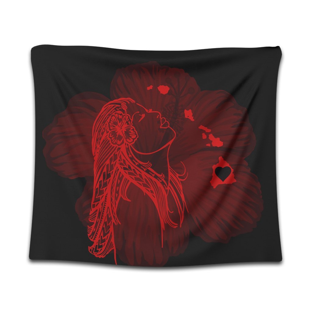 Hawaiian Map Heart Hula Girl Hibiscus Red Polynesian Tapestry - AH Wall Tapestry Black - Polynesian Pride