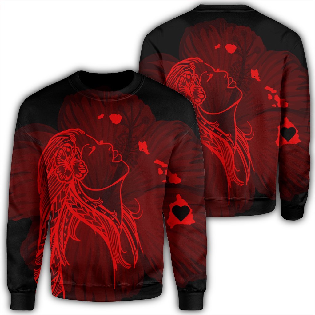 Hawaiian Map Heart Hula Girl Hibiscus Red Polynesian Sweatshirt - AH Unisex Black - Polynesian Pride