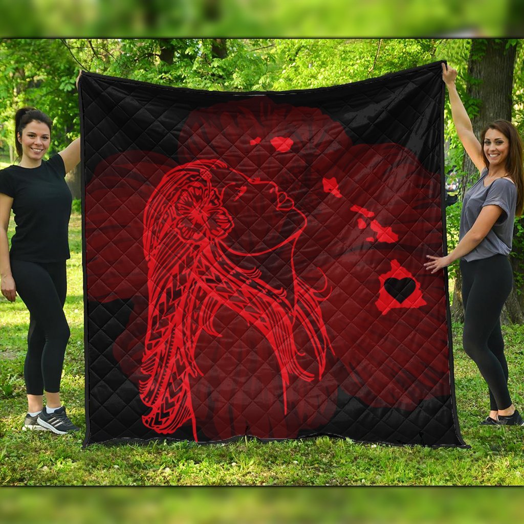 Hawaiian Map Heart Hula Girl Hibiscus Red Polynesian Premium Quilts - AH Black - Polynesian Pride