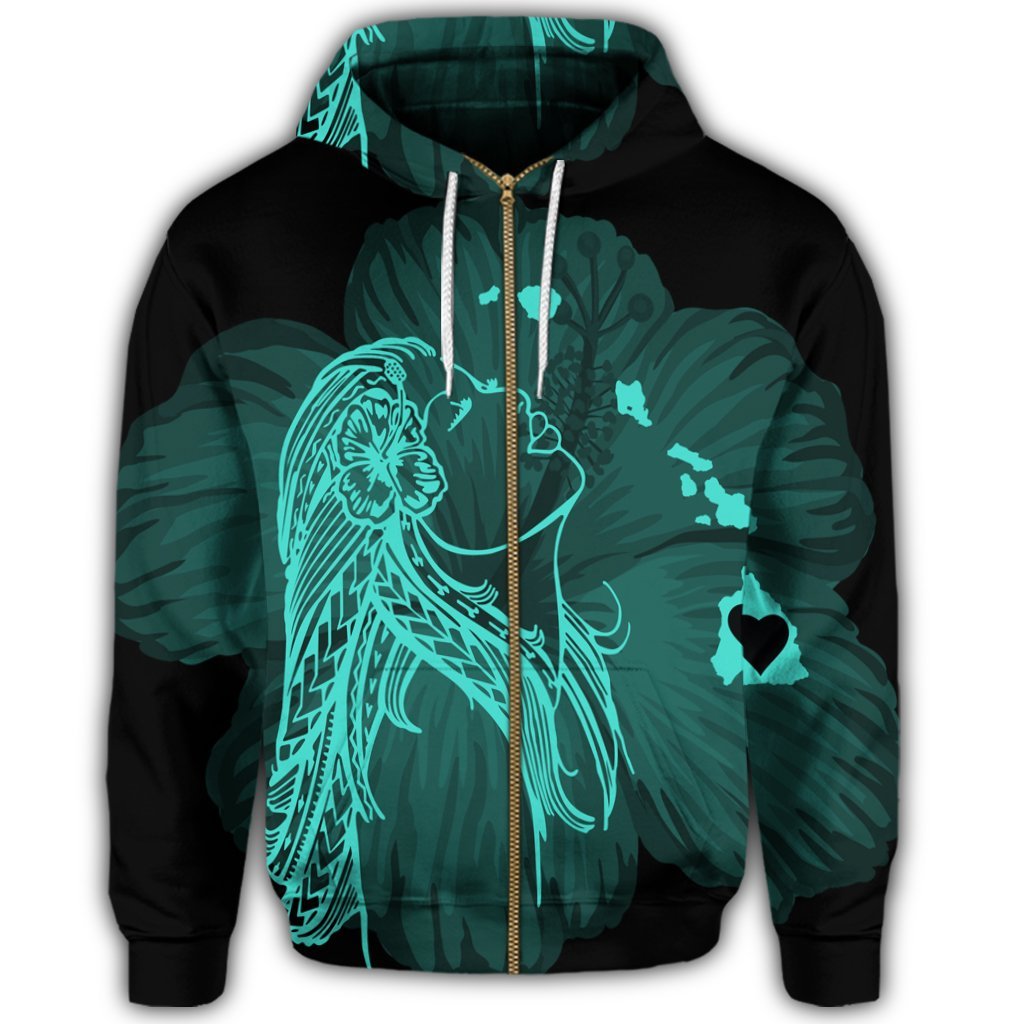 Hawaiian Map Heart Hula Girl Hibiscus Turquoise Polynesian Zip Hoodie - Polynesian Pride