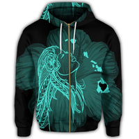 Hawaiian Map Heart Hula Girl Hibiscus Turquoise Polynesian Zip Hoodie - Polynesian Pride
