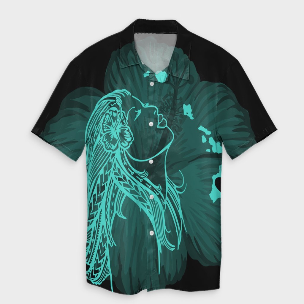 Hawaiian Map Heart Hula Girl Hibiscus Turquoise Polynesian Hawaiian Shirt - AH Unisex Black - Polynesian Pride