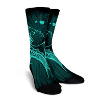 Hawaiian Map Heart Hula Girl Hibiscus Turquoise Polynesian Crew Socks - AH - Polynesian Pride